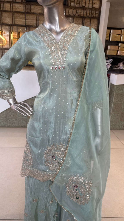 Mint Green Embroidered Sharara Set for Women