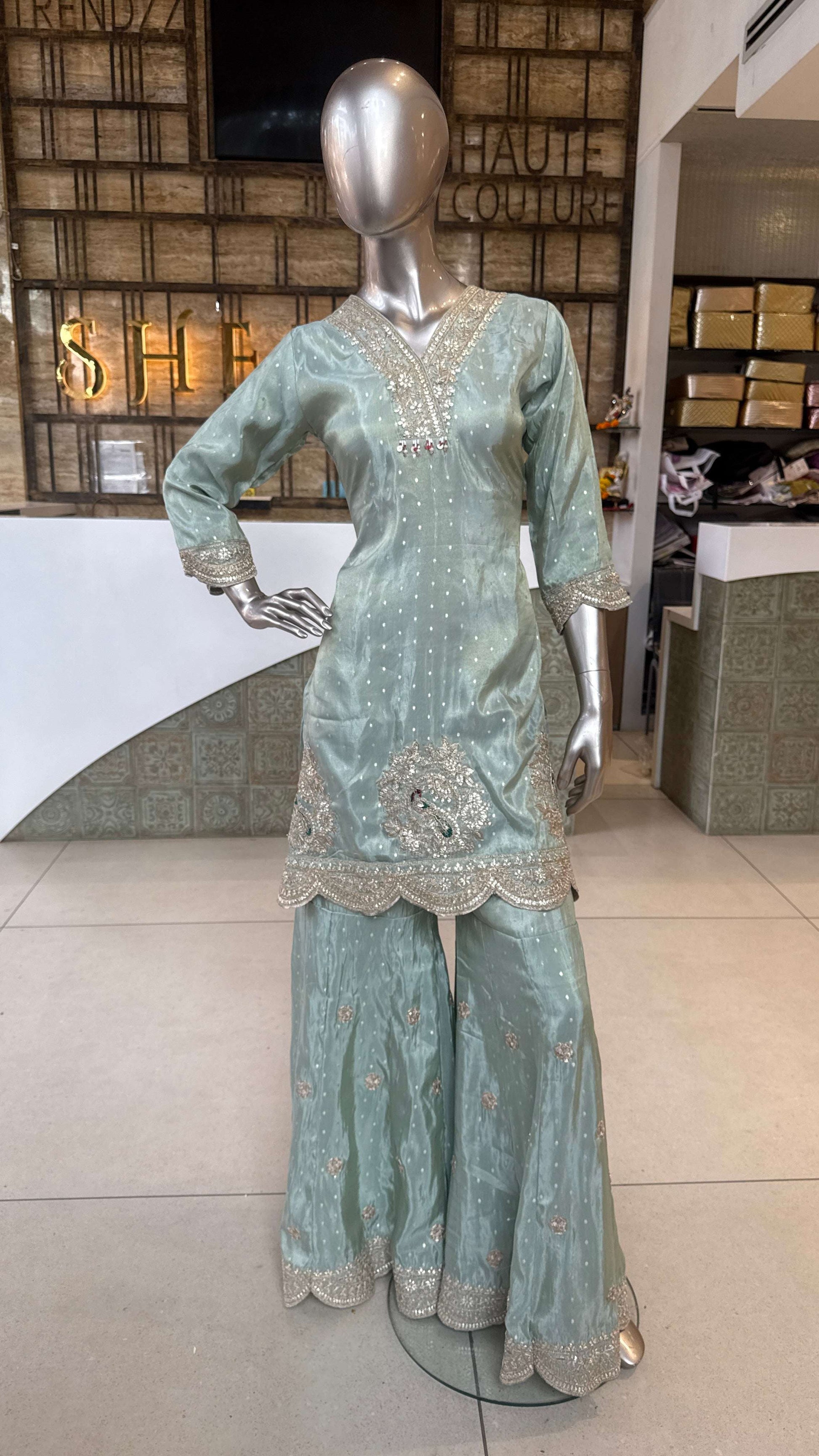 Mint Green Embroidered Sharara Set for Women