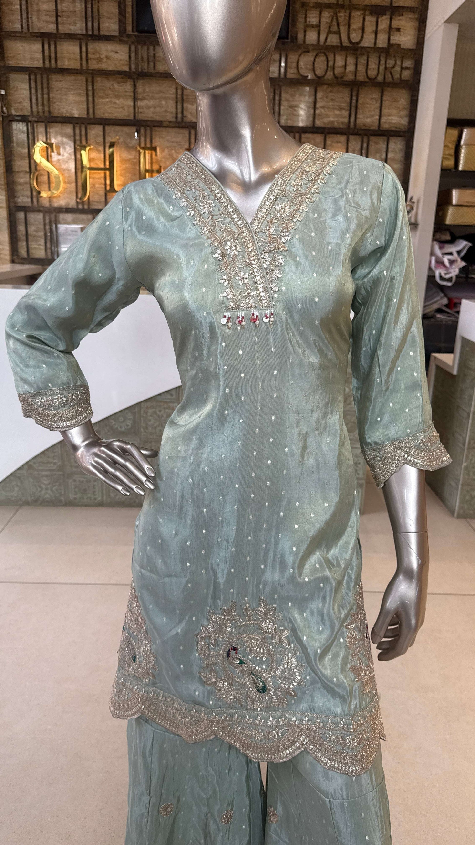 Mint Green Embroidered Sharara Set for Women