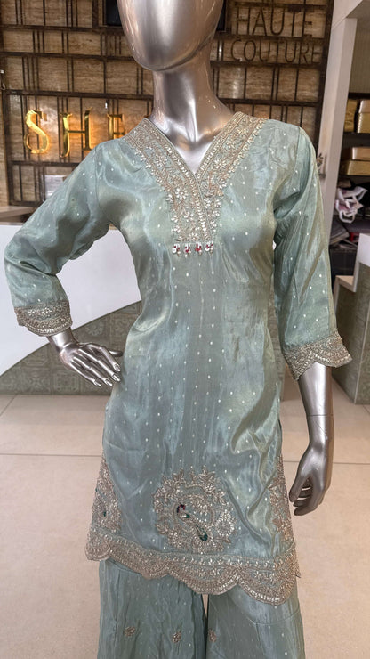 Mint Green Embroidered Sharara Set for Women