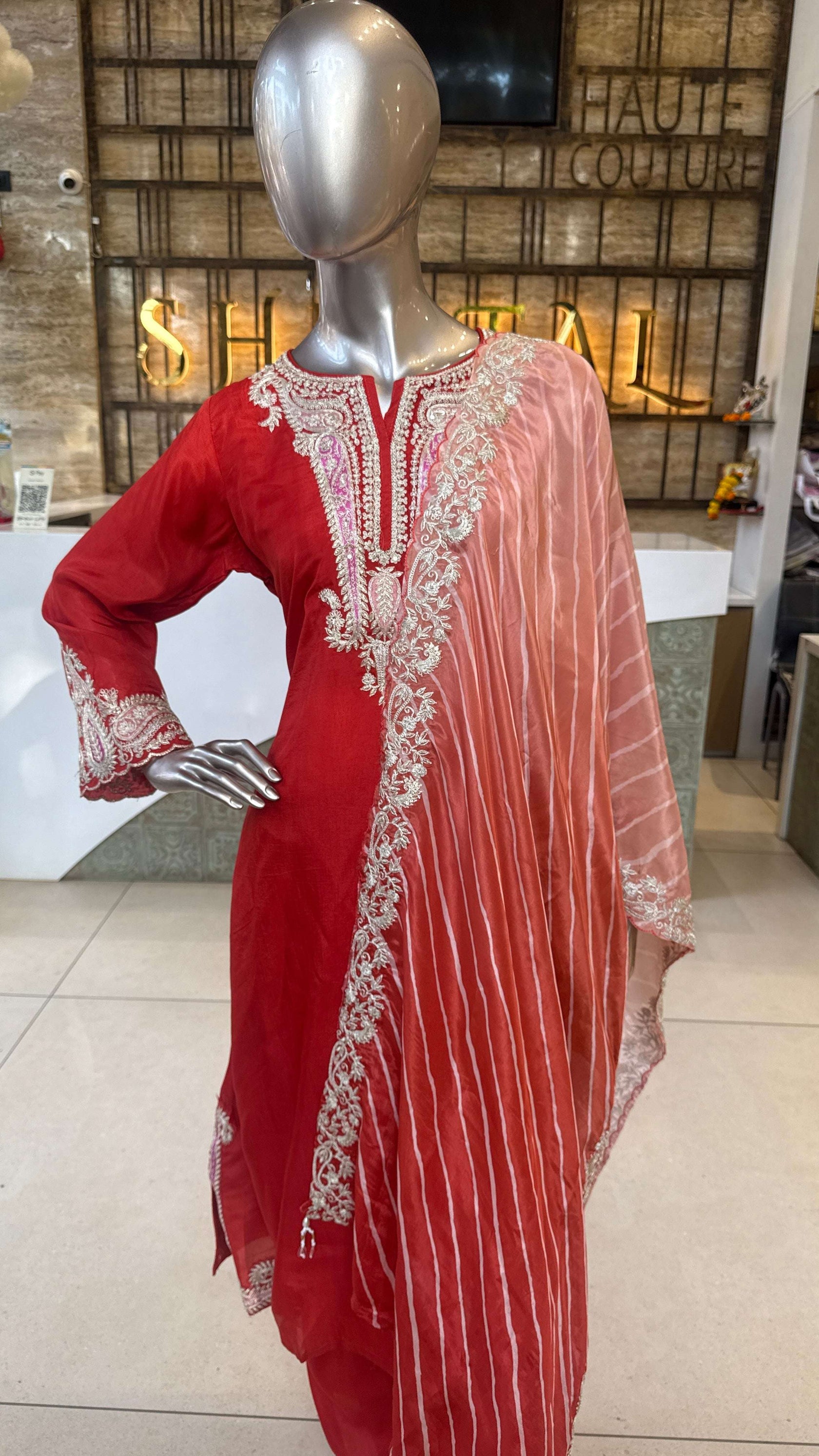 Red Embroidered Straight Kurti Pant Dupatta Set for Women