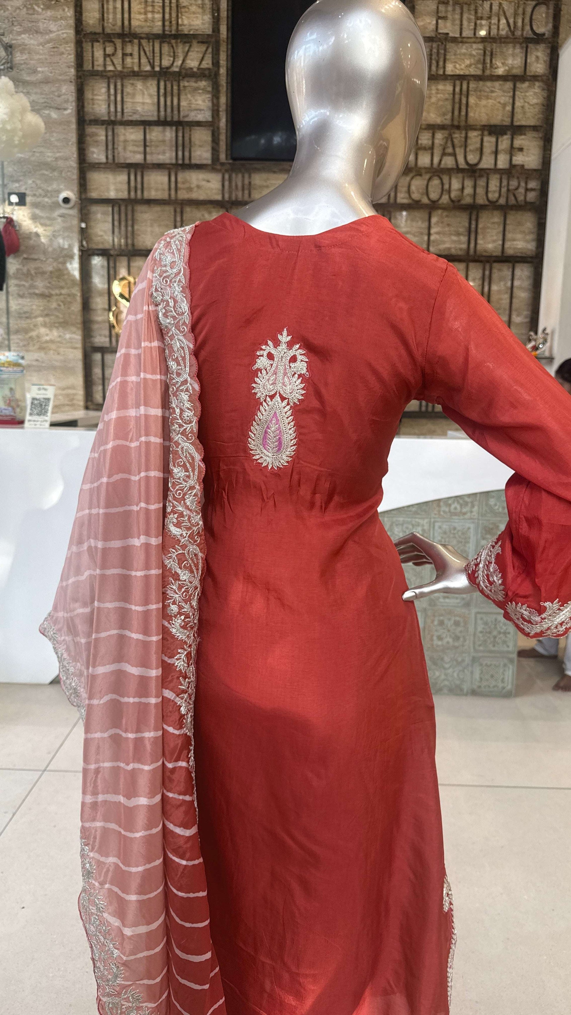 Red Embroidered Straight Kurti Pant Dupatta Set for Women