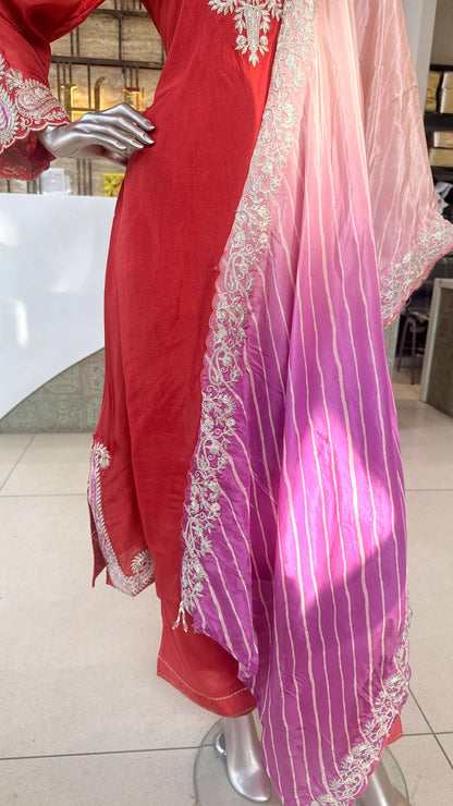 Red Embroidered Straight Kurti Pant Dupatta Set for Women