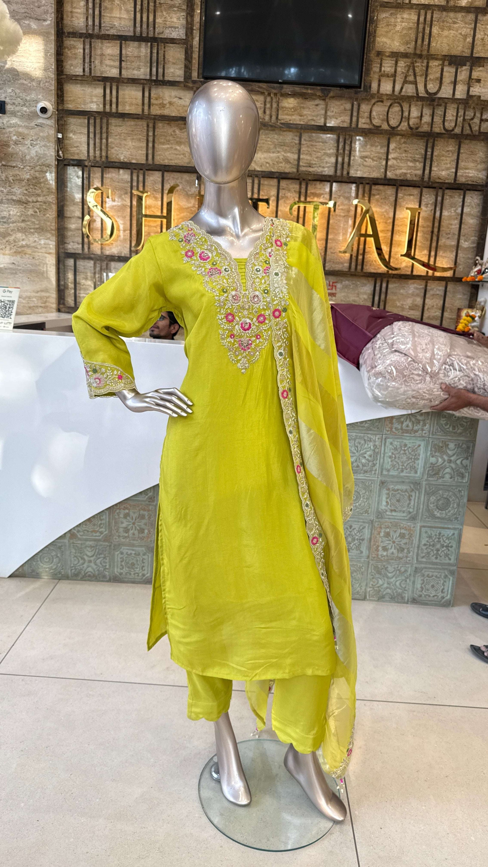 Lime Yellow Mirror Work Kurti Pant Dupatta Set for Women