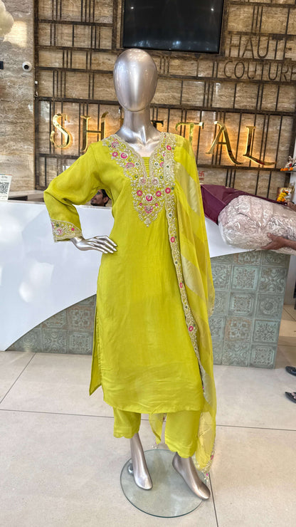 Lime Yellow Mirror Work Kurti Pant Dupatta Set for Women