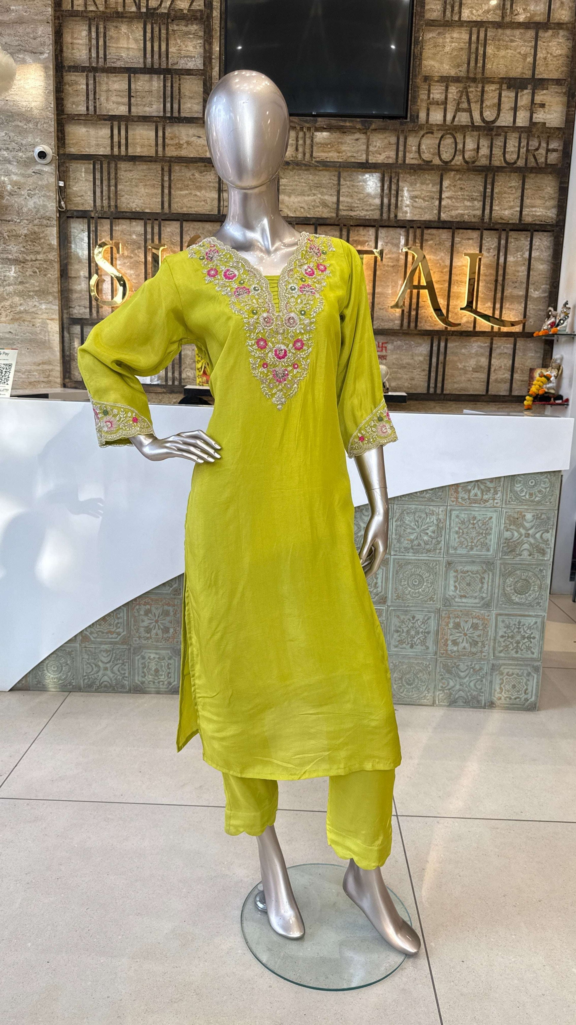Lime Yellow Mirror Work Kurti Pant Dupatta Set for Women