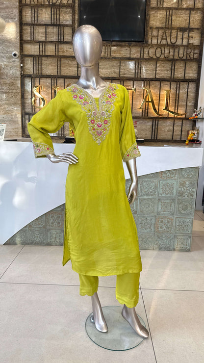 Lime Yellow Mirror Work Kurti Pant Dupatta Set for Women