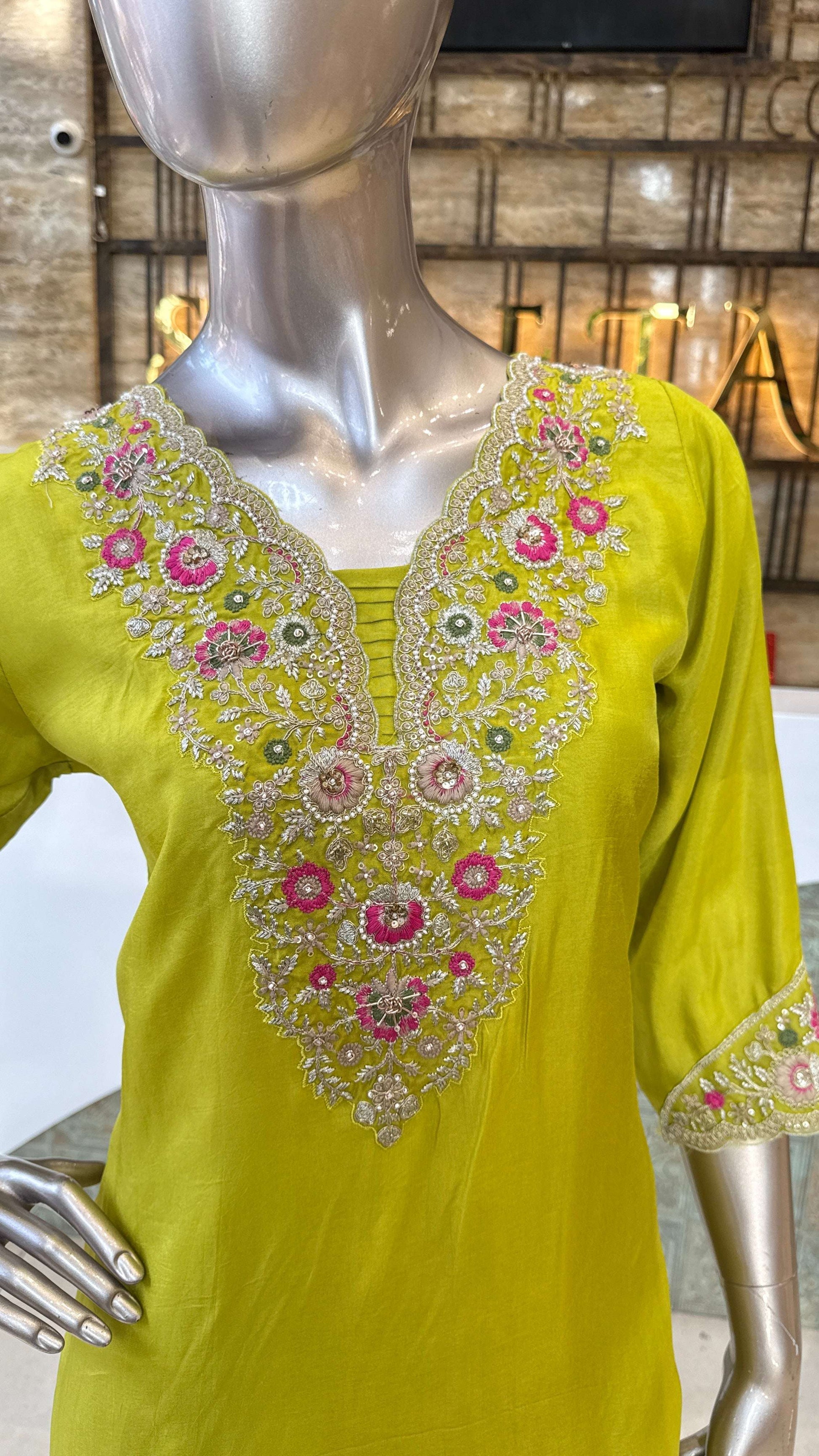 Lime Yellow Mirror Work Kurti Pant Dupatta Set for Women