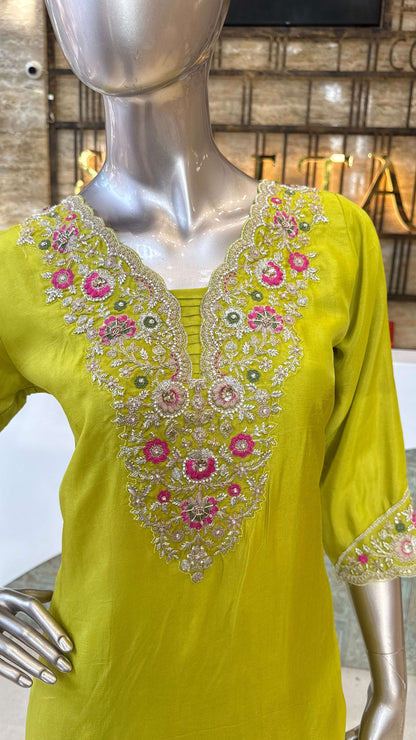Lime Yellow Mirror Work Kurti Pant Dupatta Set for Women