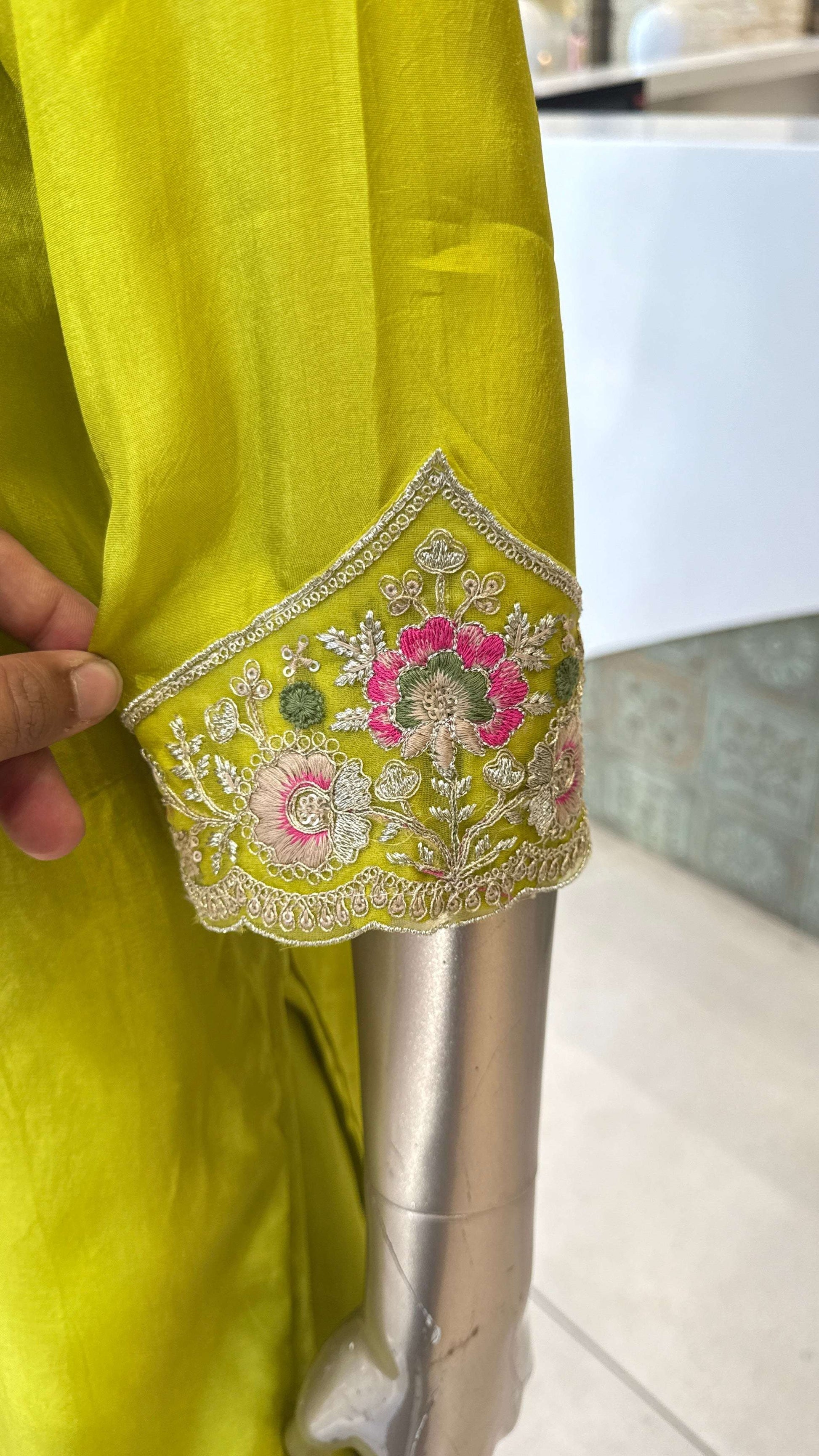 Lime Yellow Mirror Work Kurti Pant Dupatta Set for Women