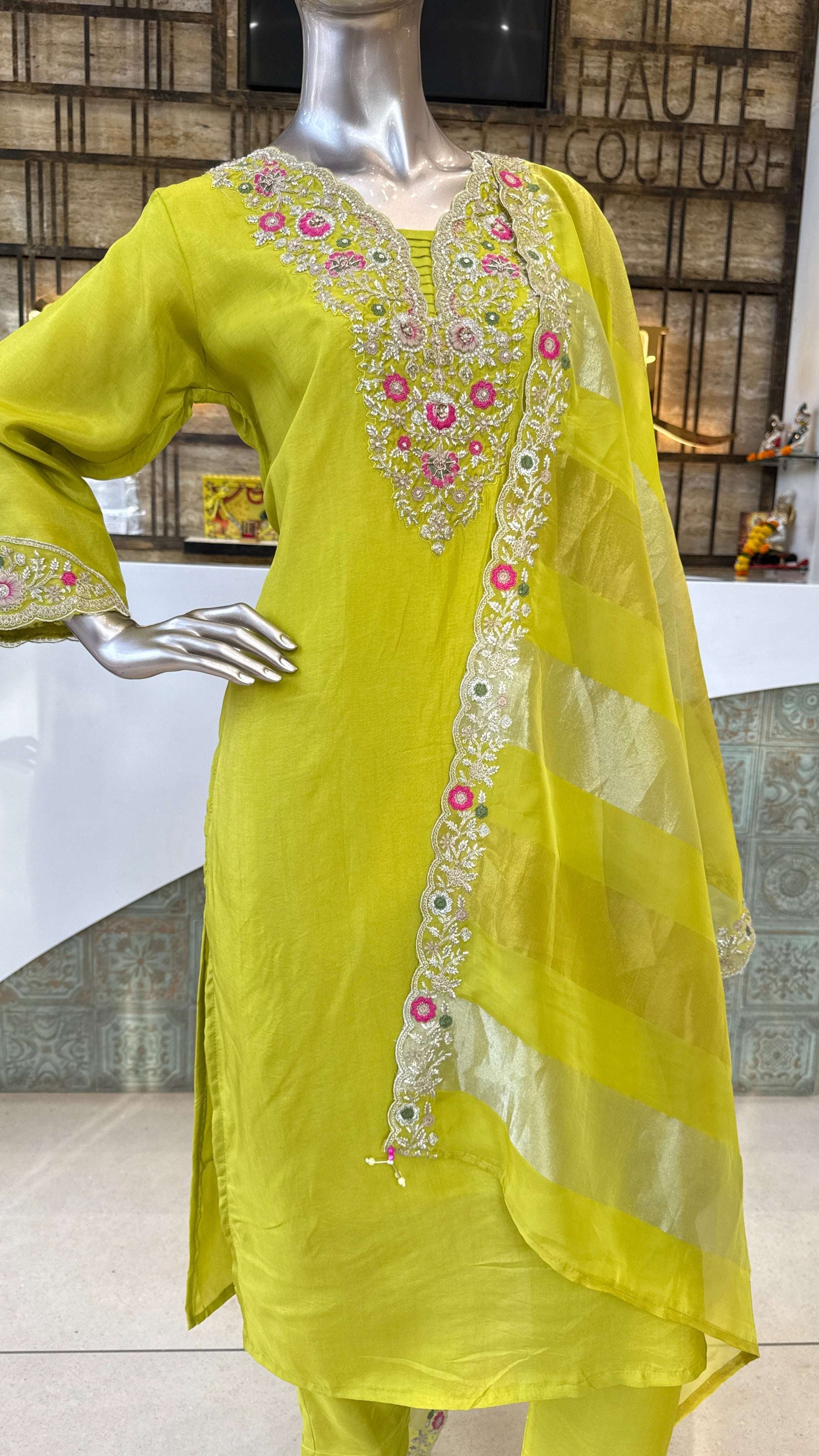Lime Yellow Mirror Work Kurti Pant Dupatta Set for Women