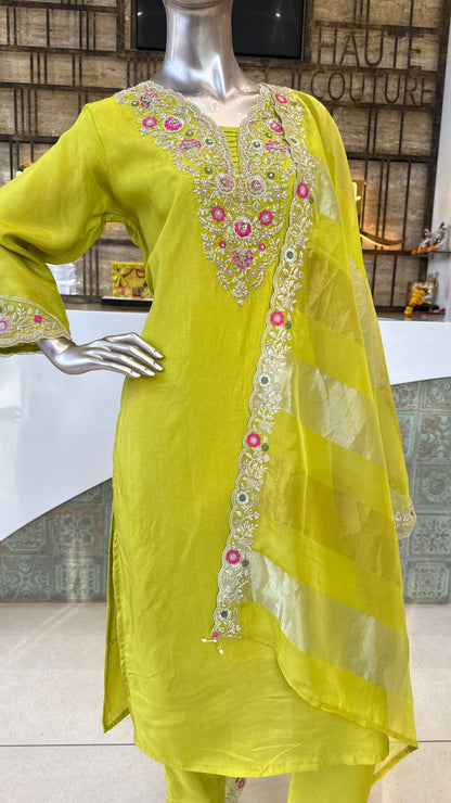 Lime Yellow Mirror Work Kurti Pant Dupatta Set for Women