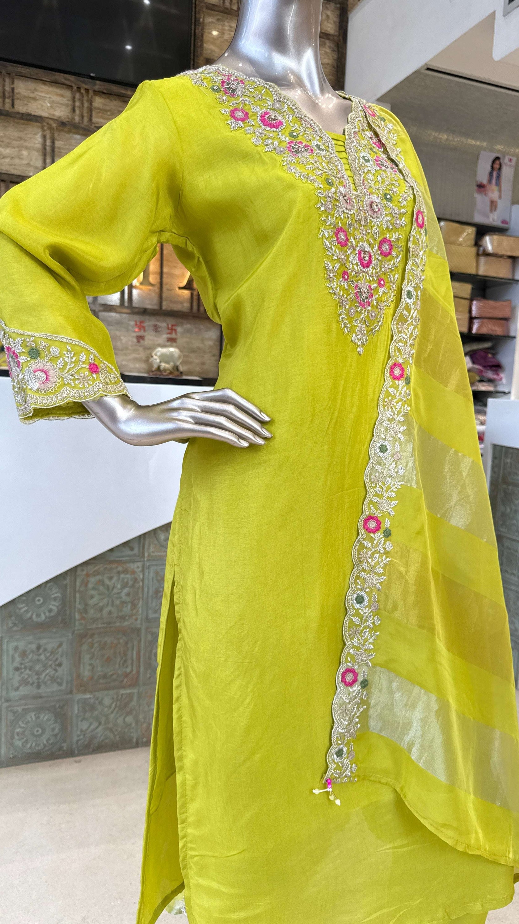 Lime Yellow Mirror Work Kurti Pant Dupatta Set for Women