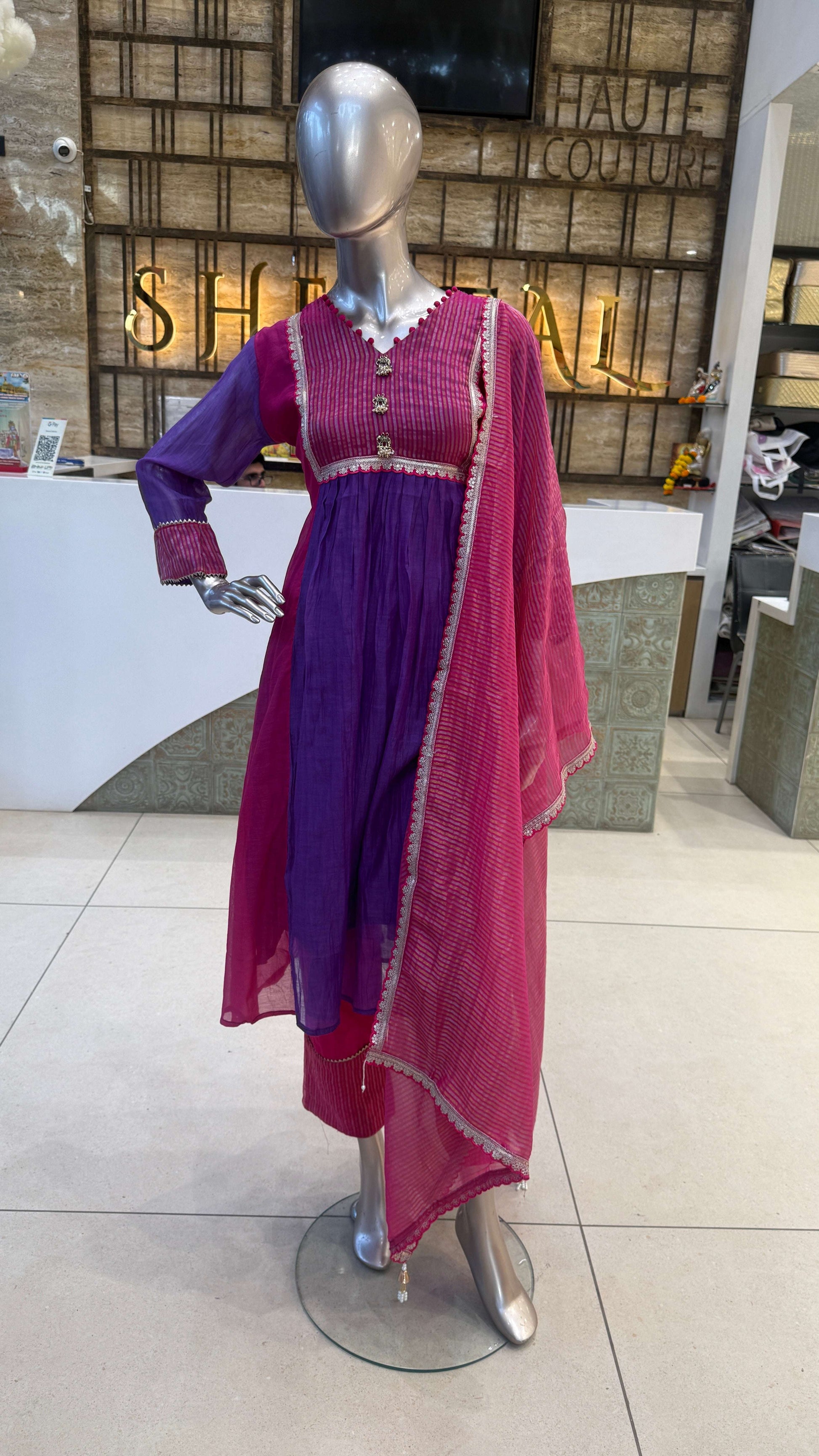 Fuchsia Pink Orange Ombre Embroidered Kurta Pant Dupatta Set for Women