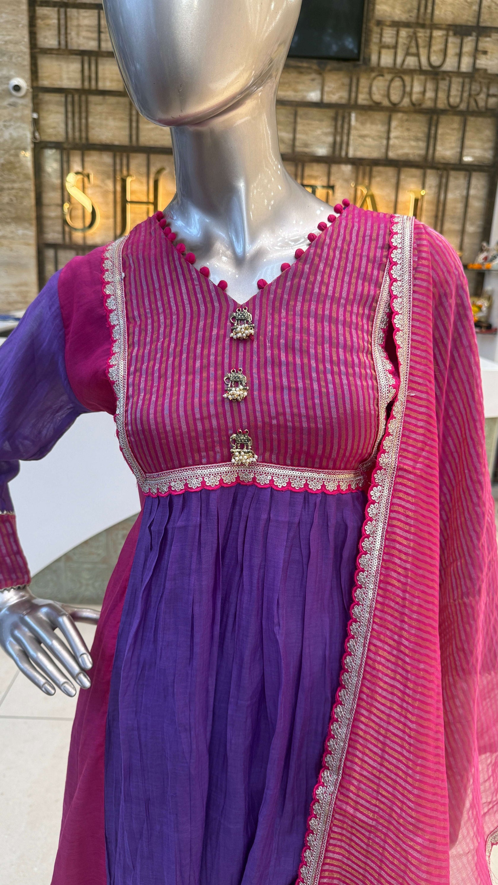 Purple Pink Embroidered Anarkali Kurti Pant Dupatta Set for Women