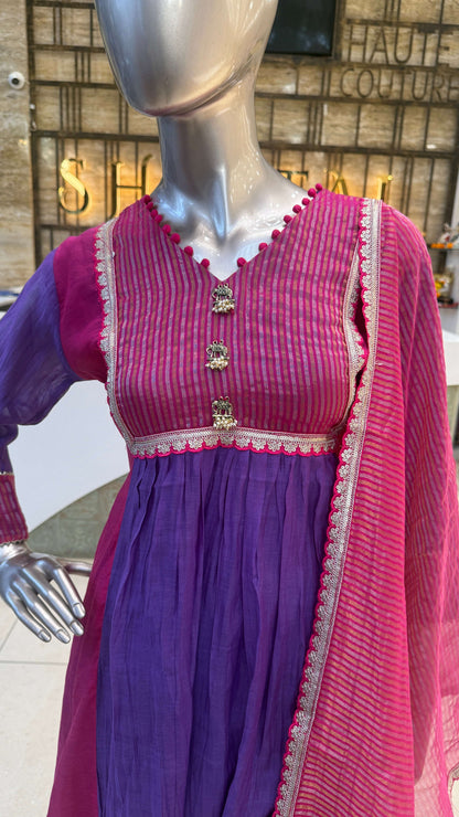 Purple Pink Embroidered Anarkali Kurti Pant Dupatta Set for Women