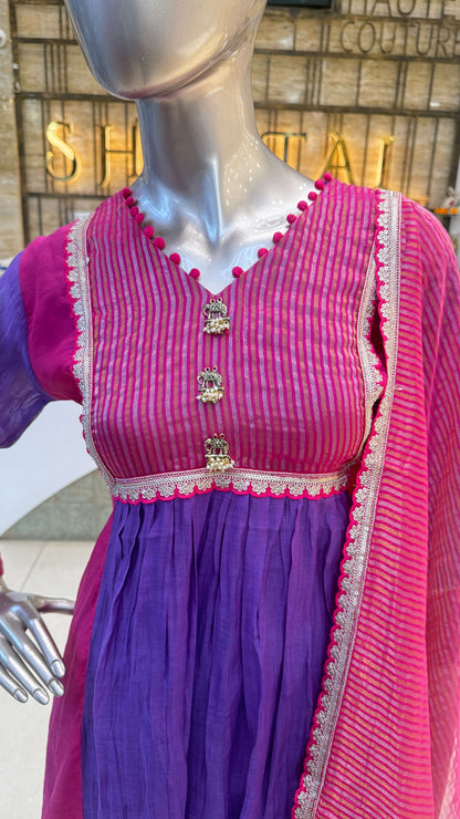 Purple Pink Embroidered Anarkali Kurti Pant Dupatta Set for Women