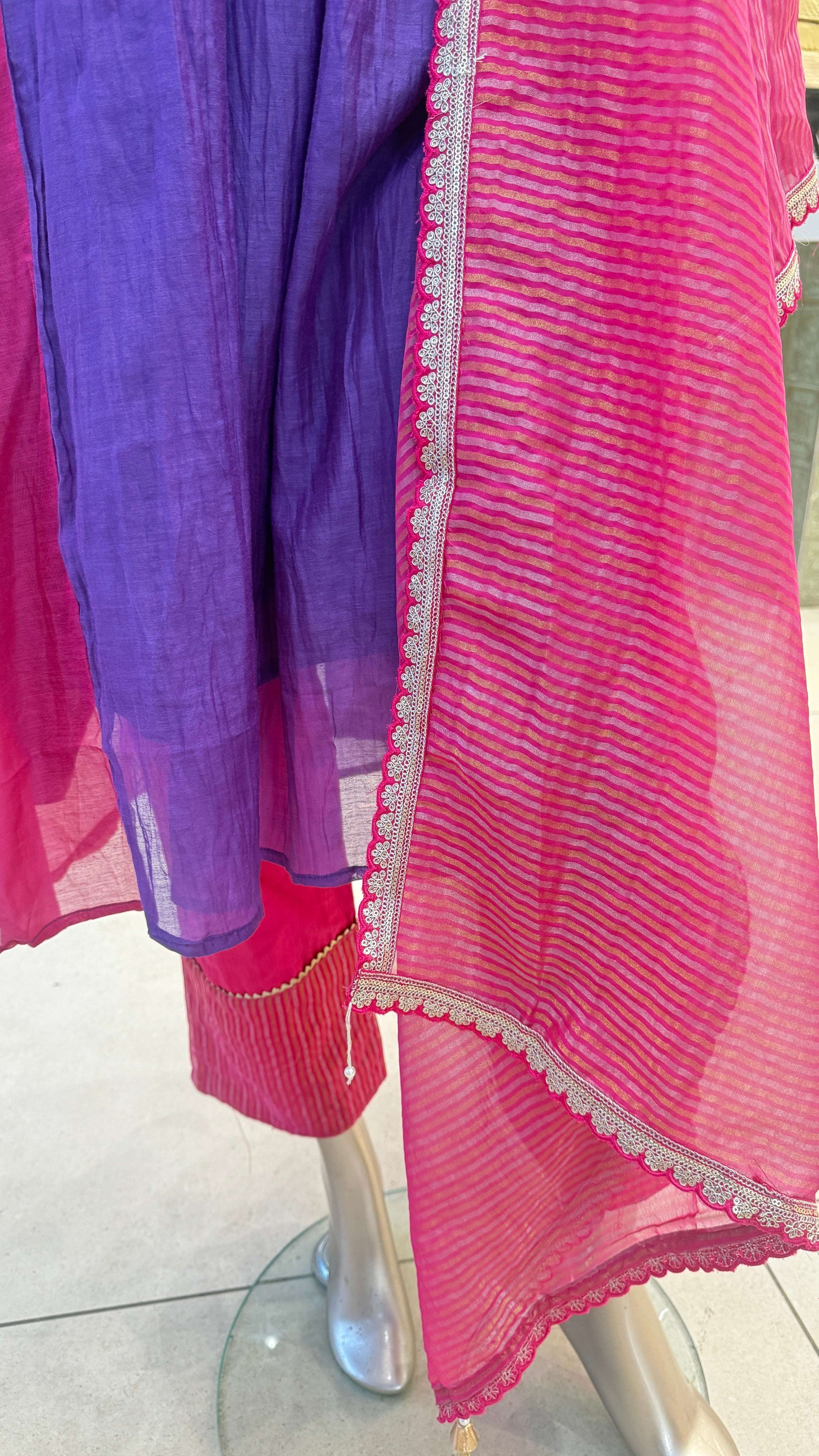 Purple Pink Embroidered Anarkali Kurti Pant Dupatta Set for Women