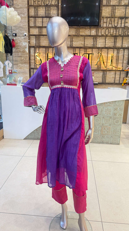 Purple Pink Embroidered Anarkali Kurti Pant Dupatta Set for Women