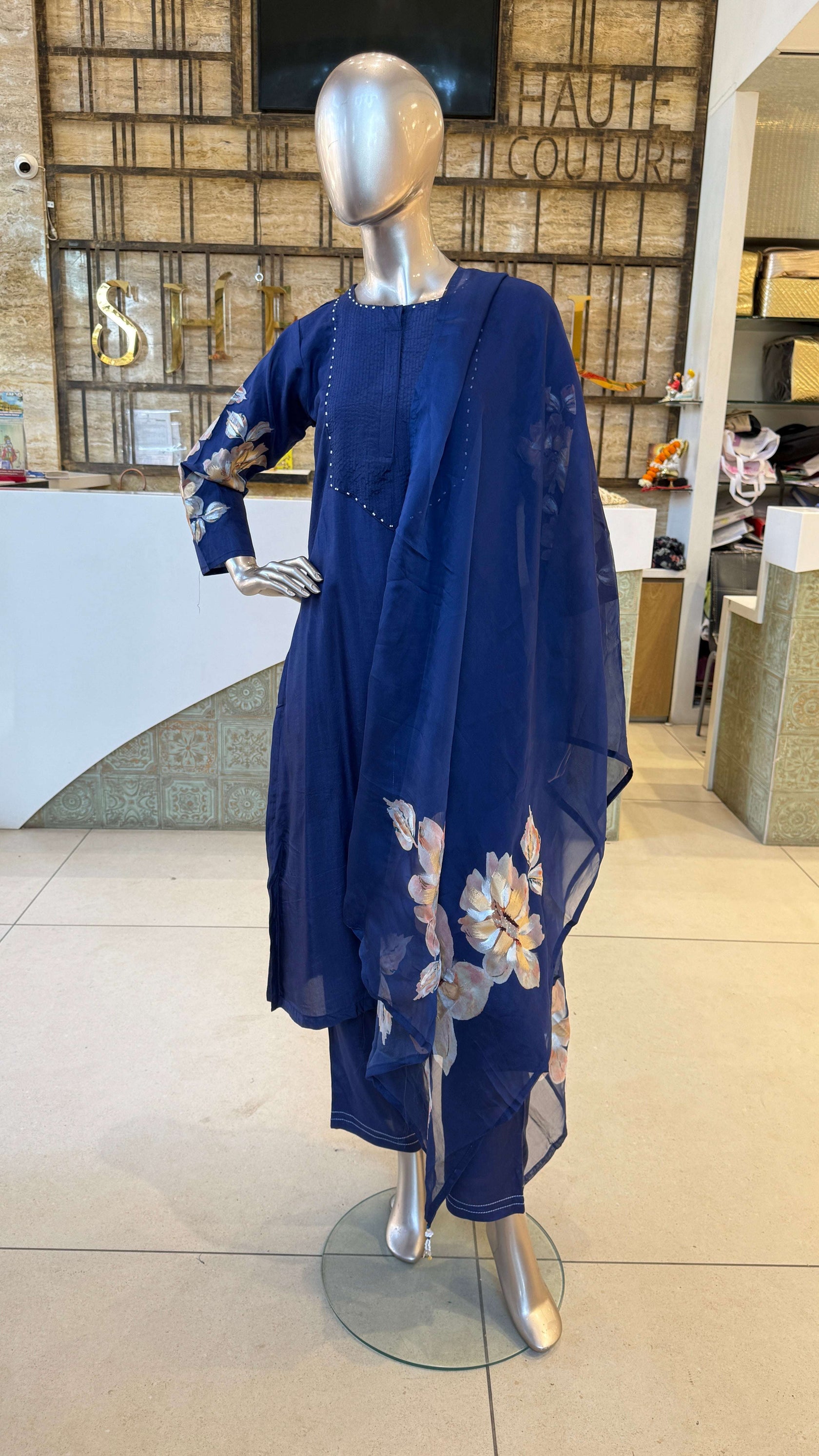 Navy Blue Floral Print Kurti Pant Dupatta Set for Women