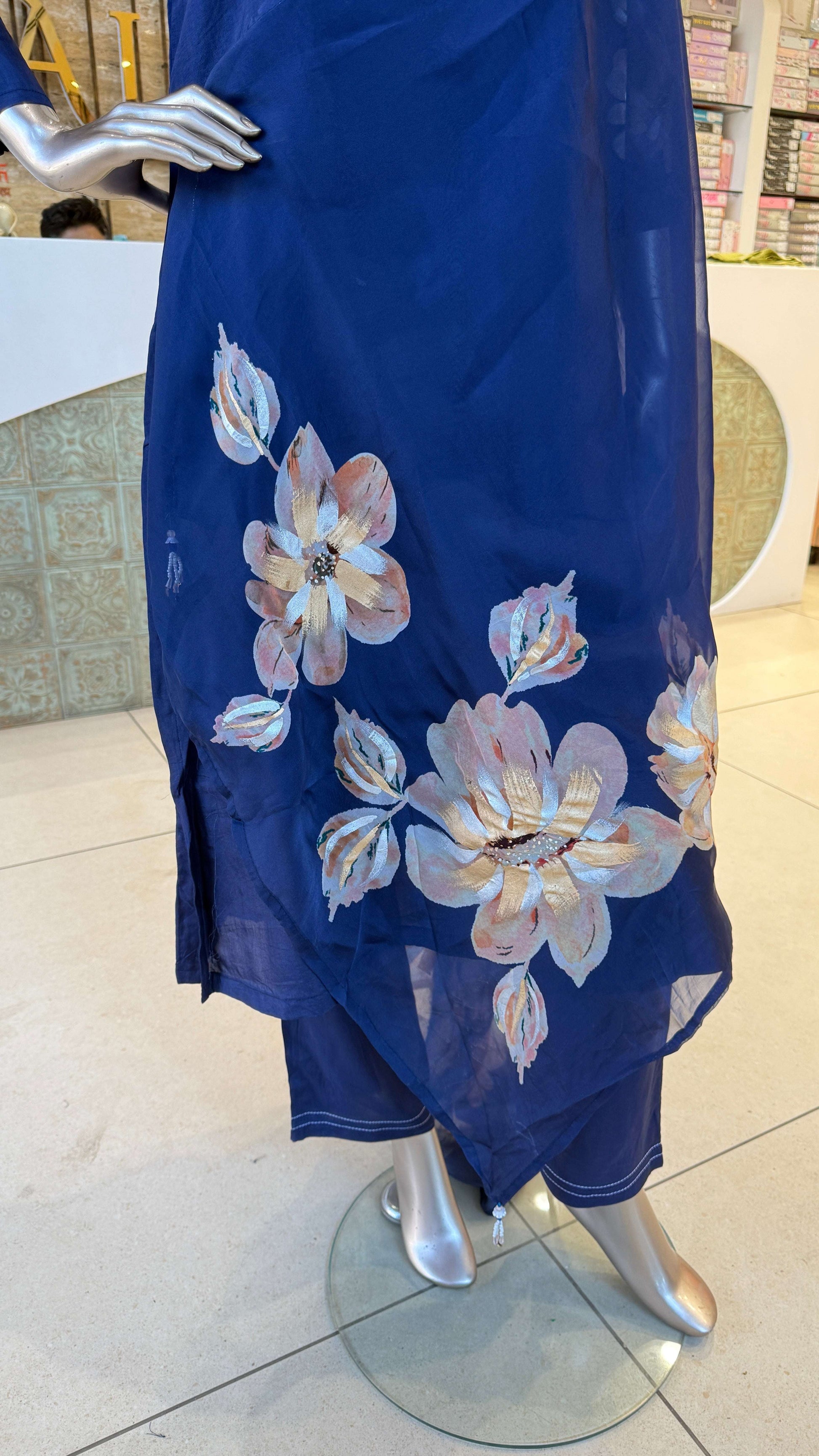 Navy Blue Floral Print Kurti Pant Dupatta Set for Women