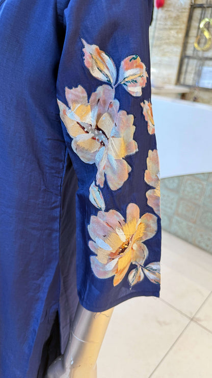 Navy Blue Floral Print Kurti Pant Dupatta Set for Women