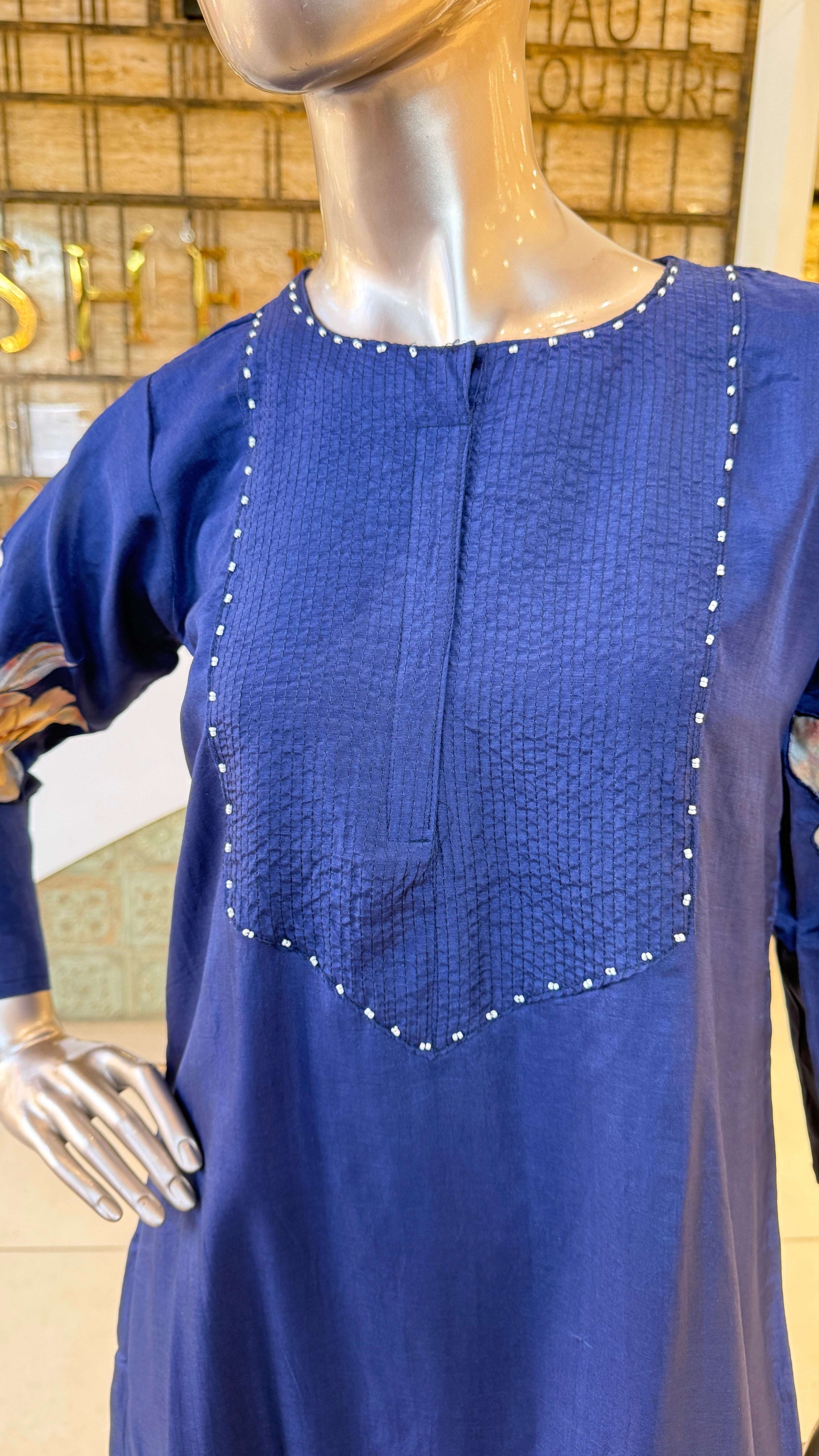 Navy Blue Floral Print Kurti Pant Dupatta Set for Women
