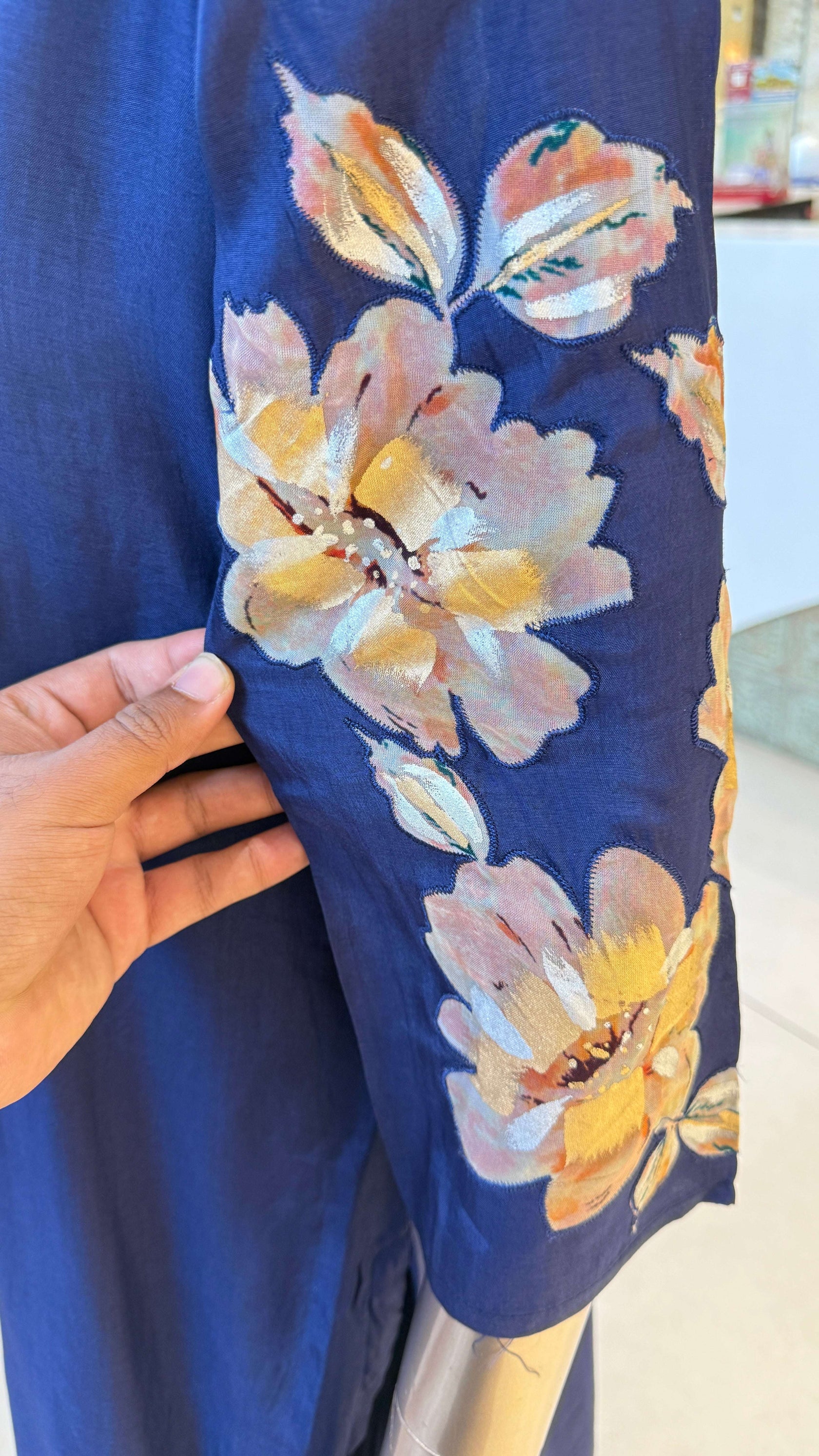 Navy Blue Floral Print Kurti Pant Dupatta Set for Women