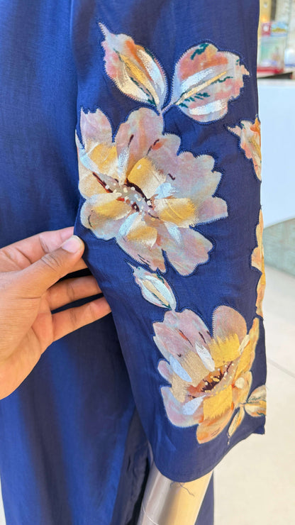 Navy Blue Floral Print Kurti Pant Dupatta Set for Women