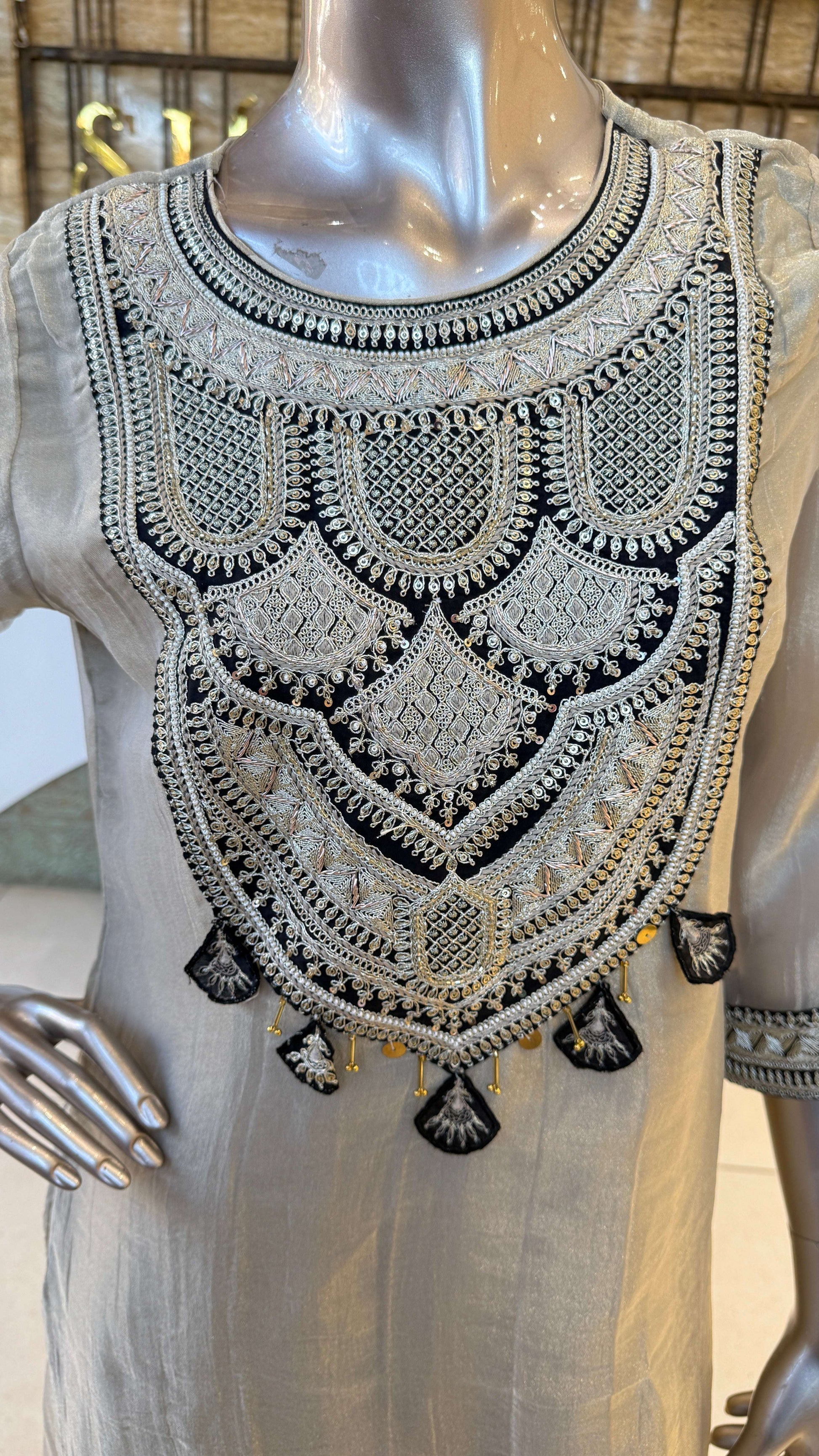 Light Grey Black Embroidered Palazzo Suit Set for Women