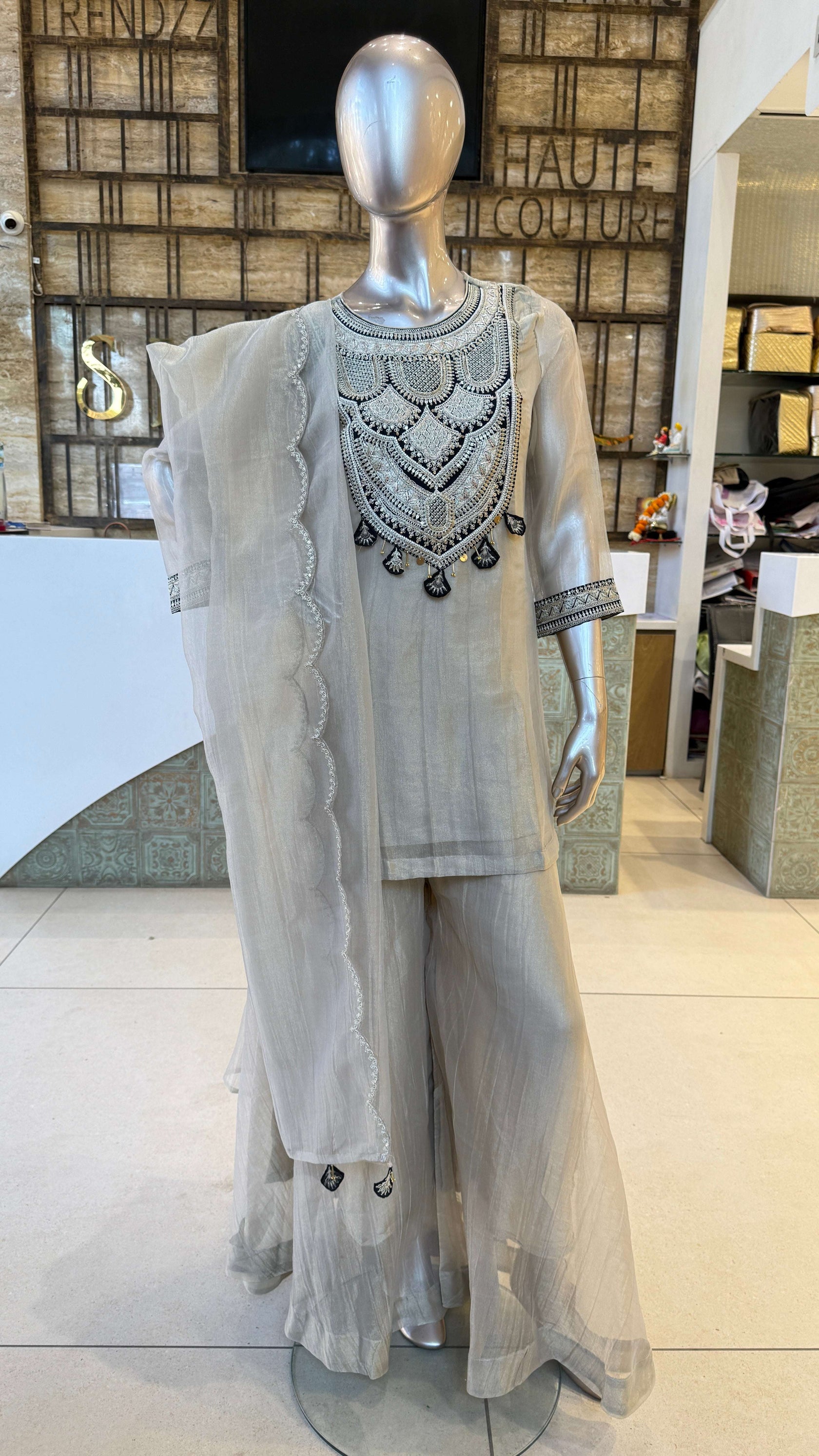 Light Grey Black Embroidered Palazzo Suit Set for Women
