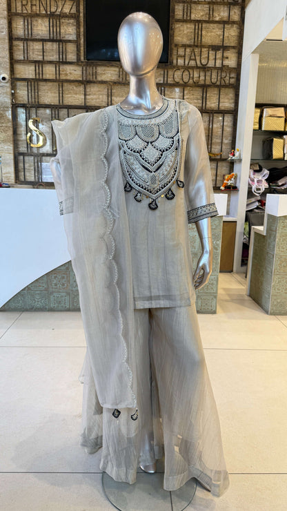 Light Grey Black Embroidered Palazzo Suit Set for Women