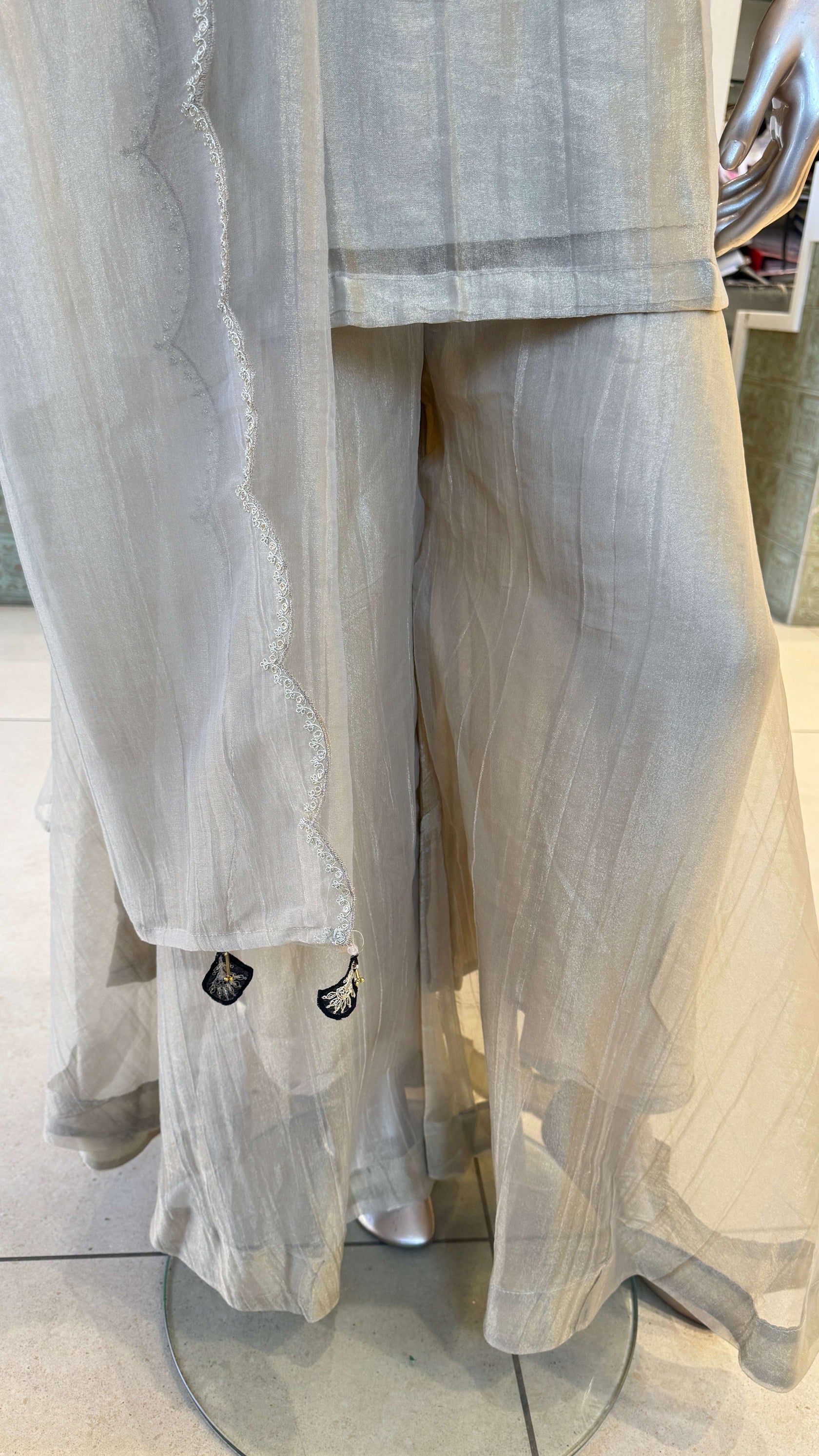 Light Grey Black Embroidered Palazzo Suit Set for Women