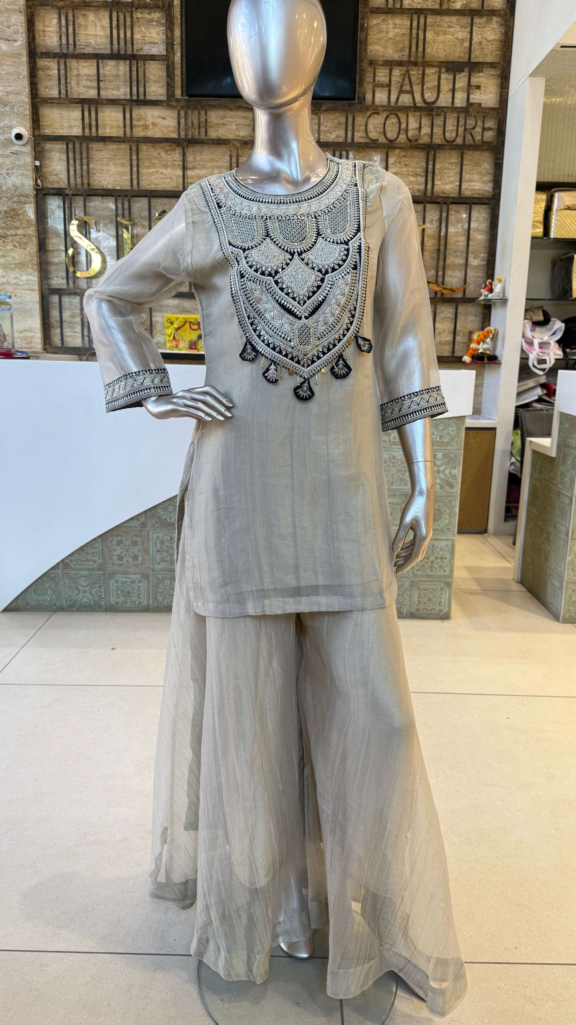 Light Grey Black Embroidered Palazzo Suit Set for Women