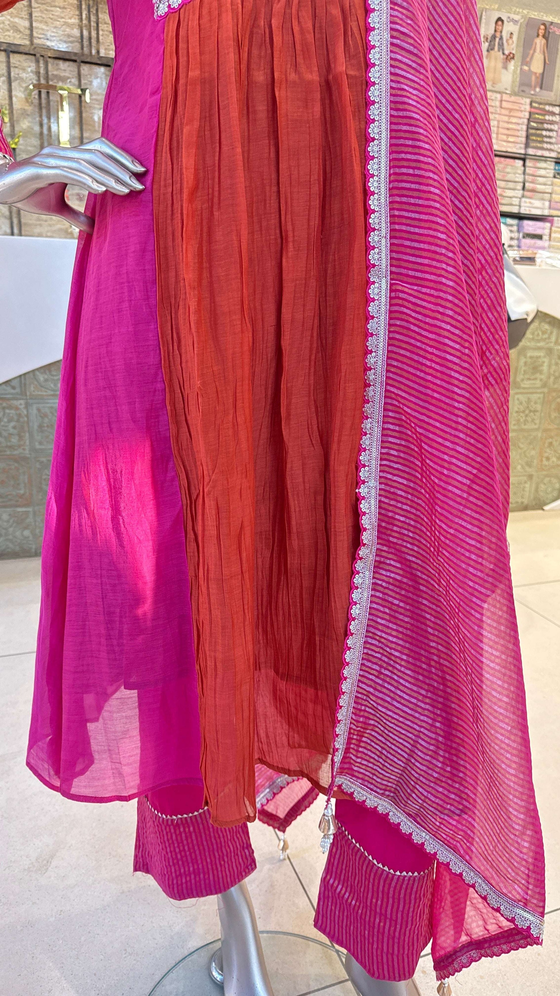 Fuchsia Pink Orange Ombre Embroidered Kurta Pant Dupatta Set for Women