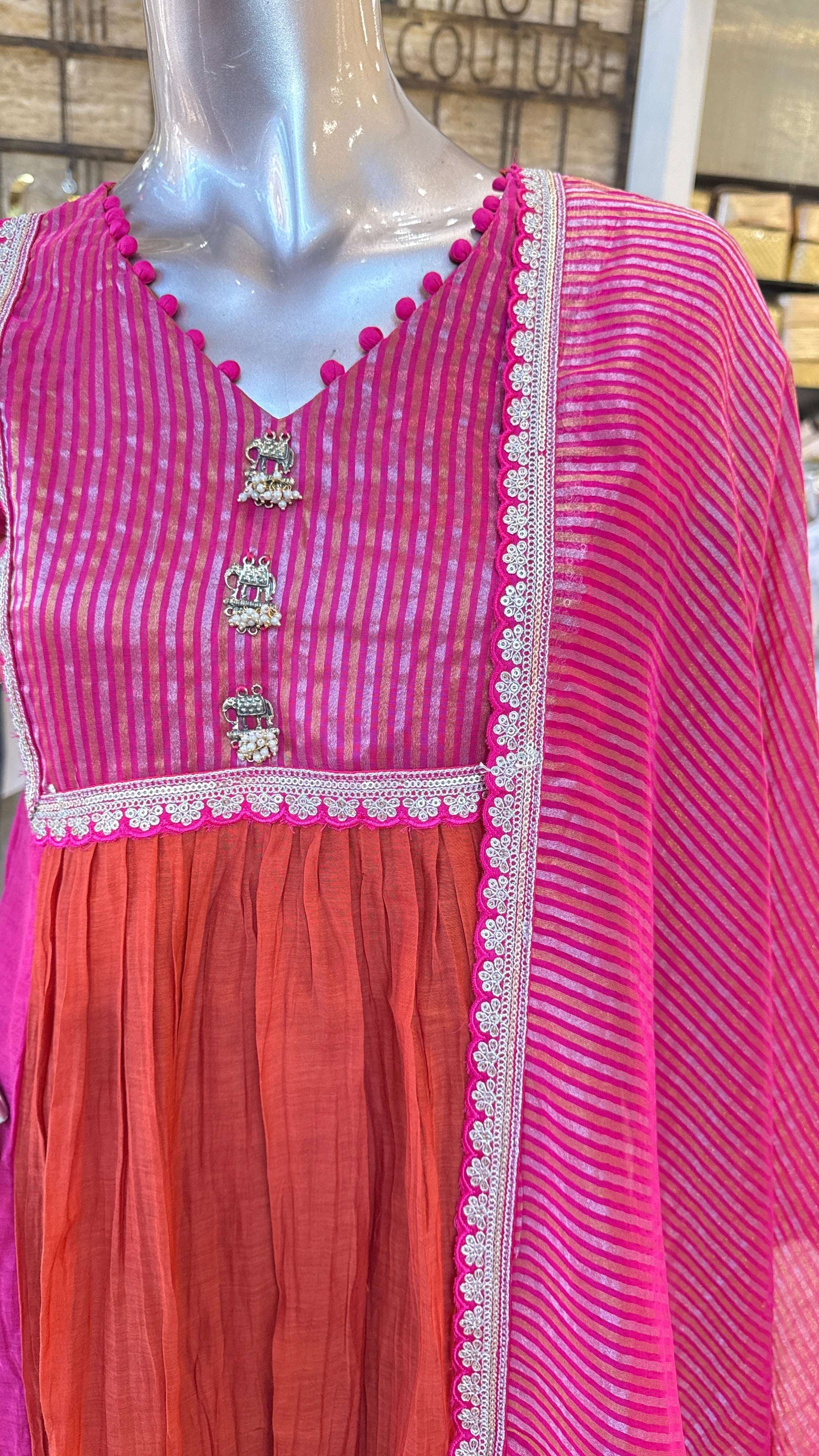 Fuchsia Pink Orange Ombre Embroidered Kurta Pant Dupatta Set for Women