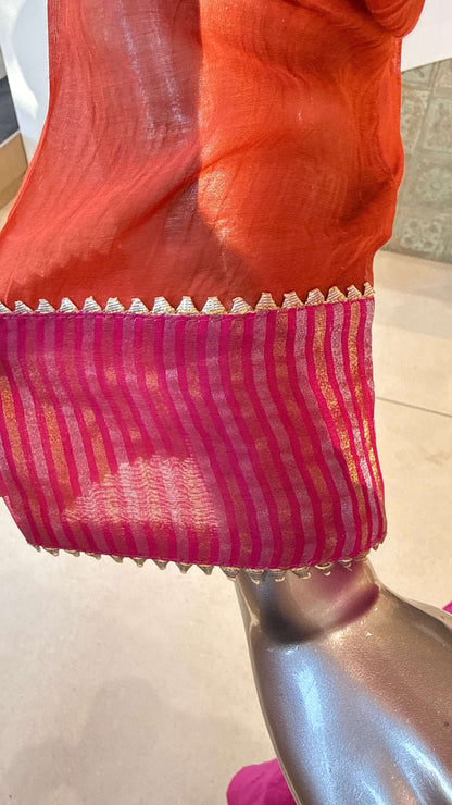 Fuchsia Pink Orange Ombre Embroidered Kurta Pant Dupatta Set for Women