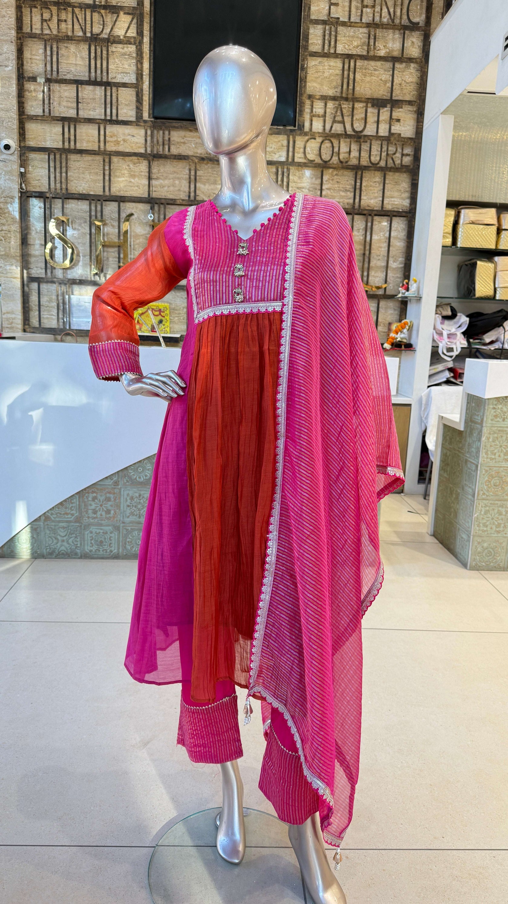 Fuchsia Pink Orange Ombre Embroidered Kurta Pant Dupatta Set for Women