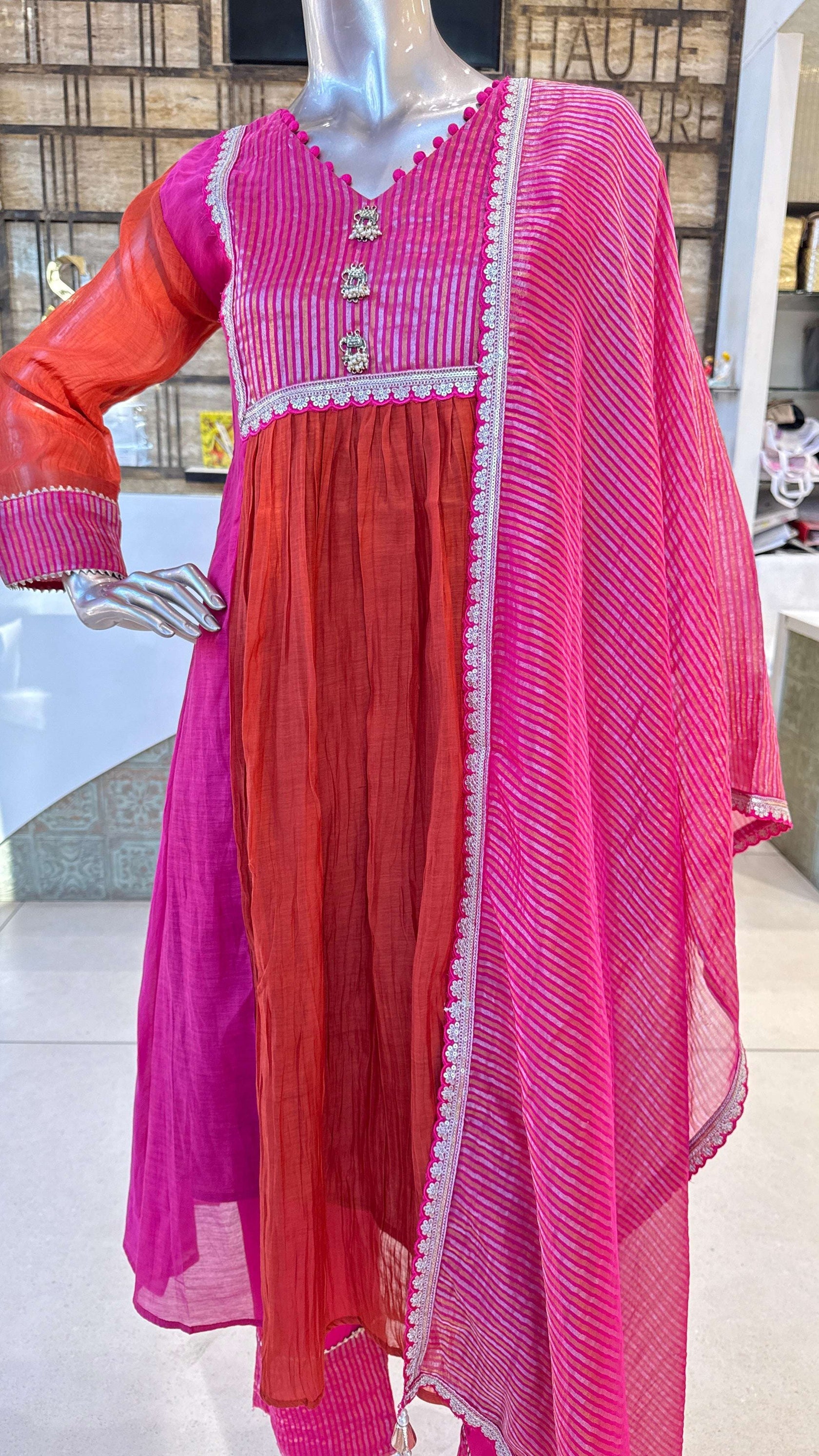Fuchsia Pink Orange Ombre Embroidered Kurta Pant Dupatta Set for Women