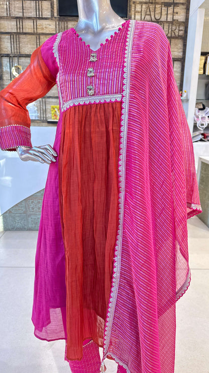 Fuchsia Pink Orange Ombre Embroidered Kurta Pant Dupatta Set for Women