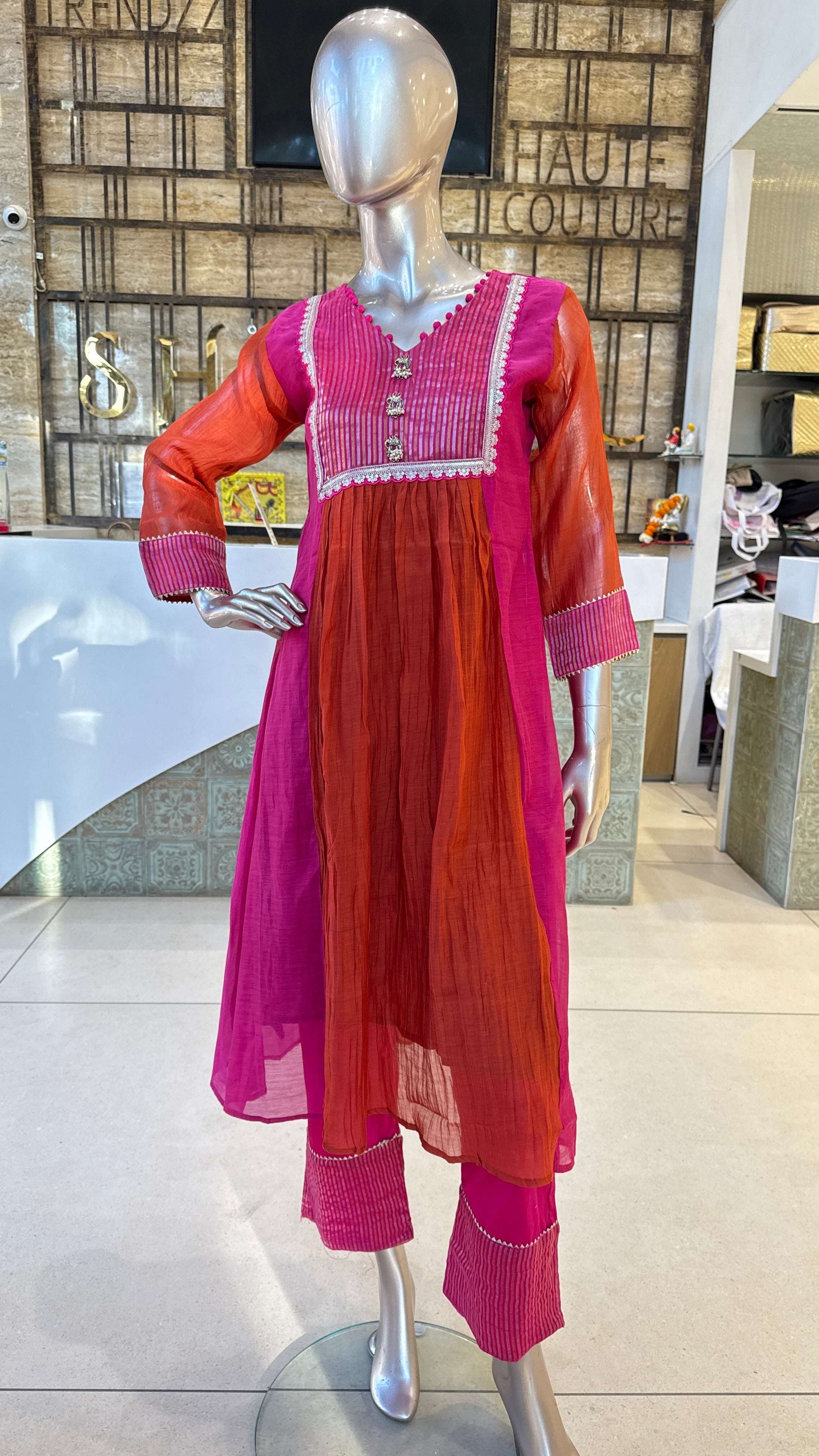Fuchsia Pink Orange Ombre Embroidered Kurta Pant Dupatta Set for Women