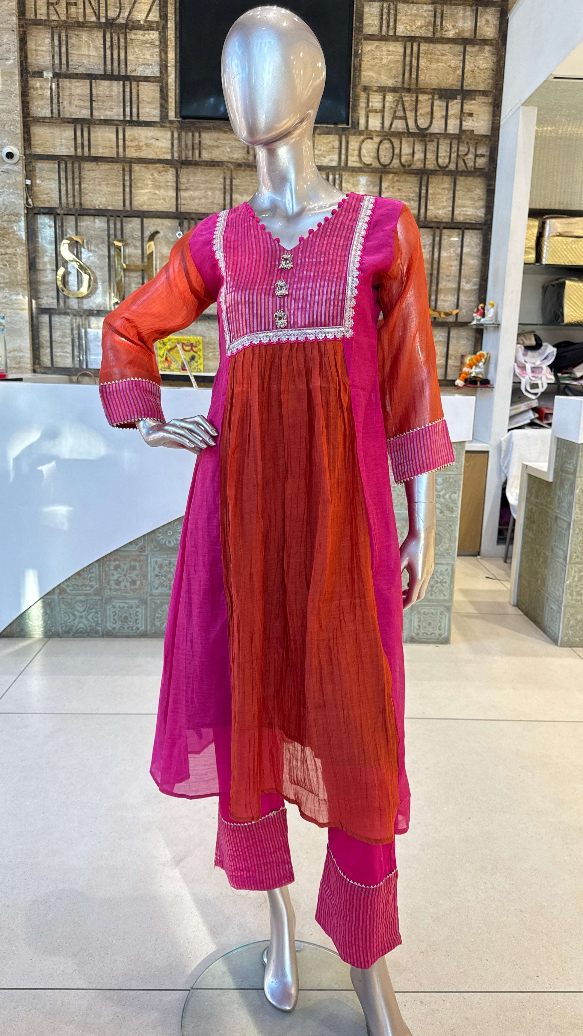 Fuchsia Pink Orange Ombre Embroidered Kurta Pant Dupatta Set for Women