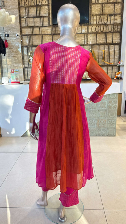 Fuchsia Pink Orange Ombre Embroidered Kurta Pant Dupatta Set for Women