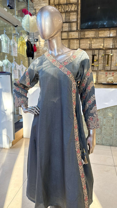 Charcoal Grey Red Embroidered Kurta Pant Dupatta Set for Women