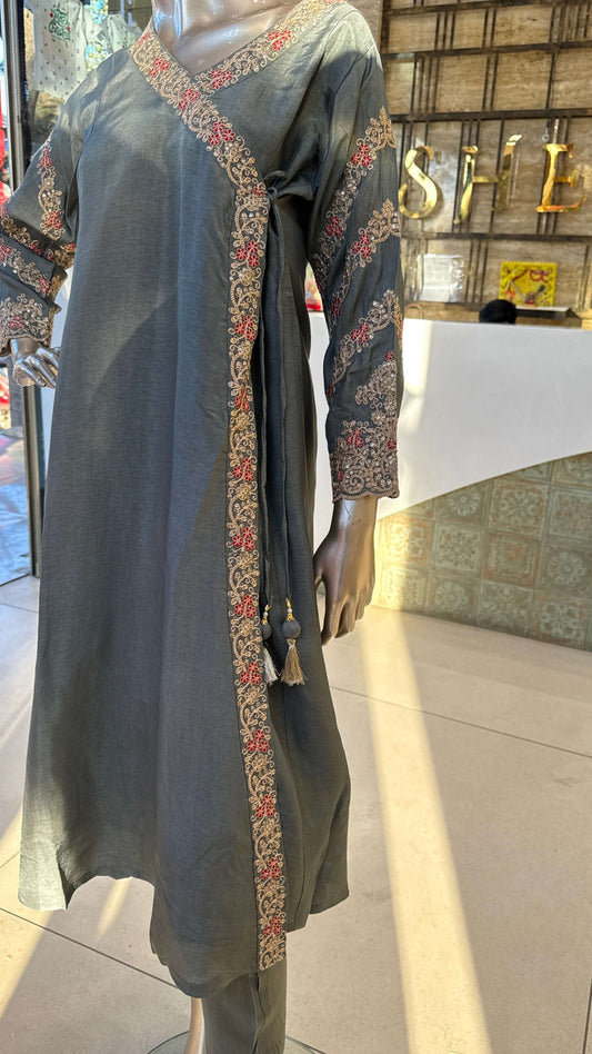 Charcoal Grey Red Embroidered Kurta Pant Dupatta Set for Women