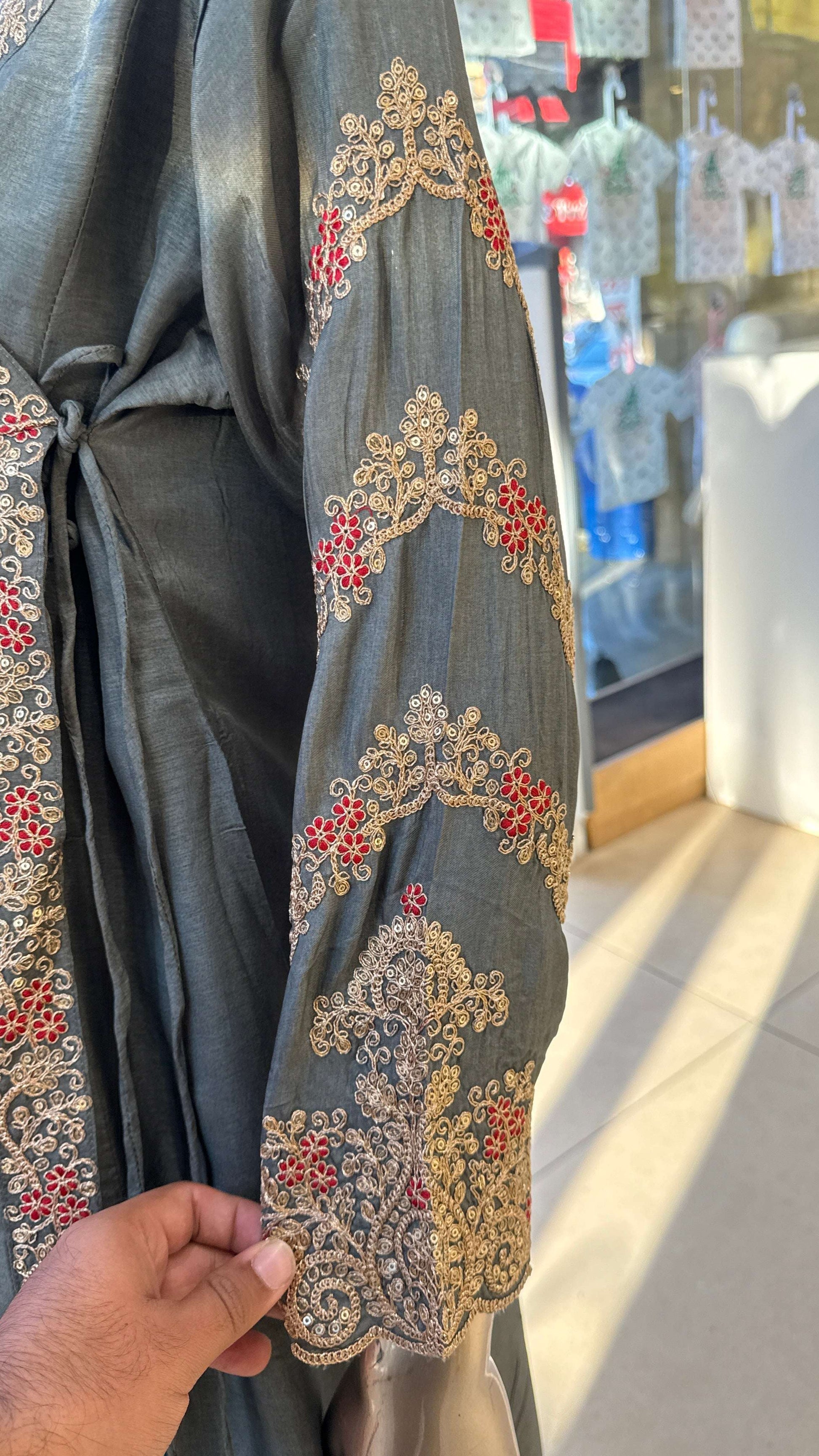 Charcoal Grey Red Embroidered Kurta Pant Dupatta Set for Women