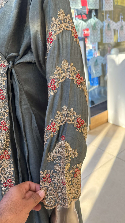 Charcoal Grey Red Embroidered Kurta Pant Dupatta Set for Women