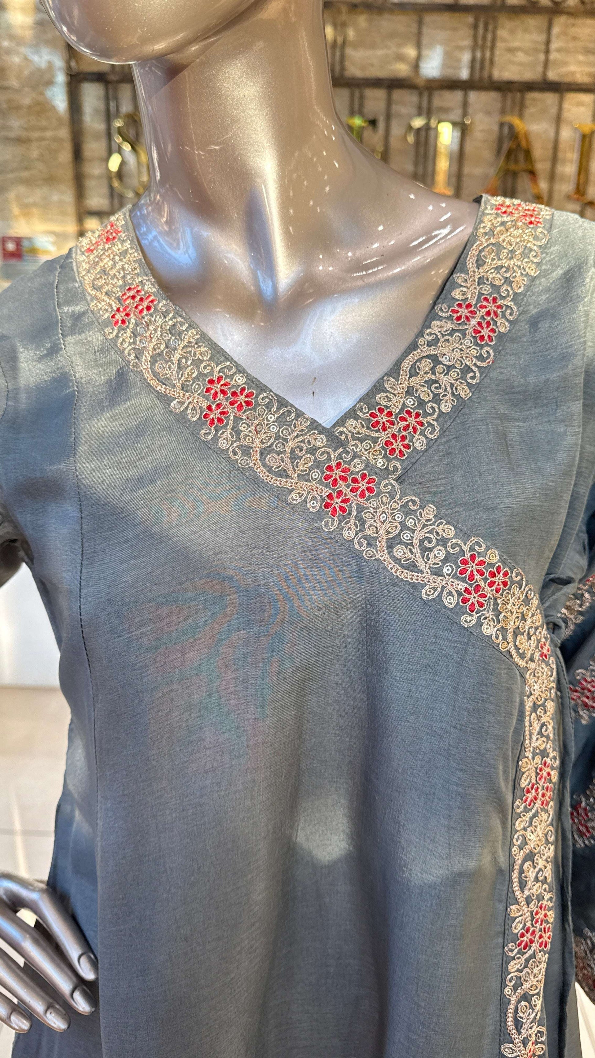 Charcoal Grey Red Embroidered Kurta Pant Dupatta Set for Women