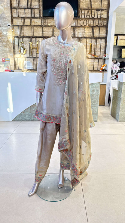 Beige Silver Pink Embroidered Kurta Pant Dupatta Set for Women