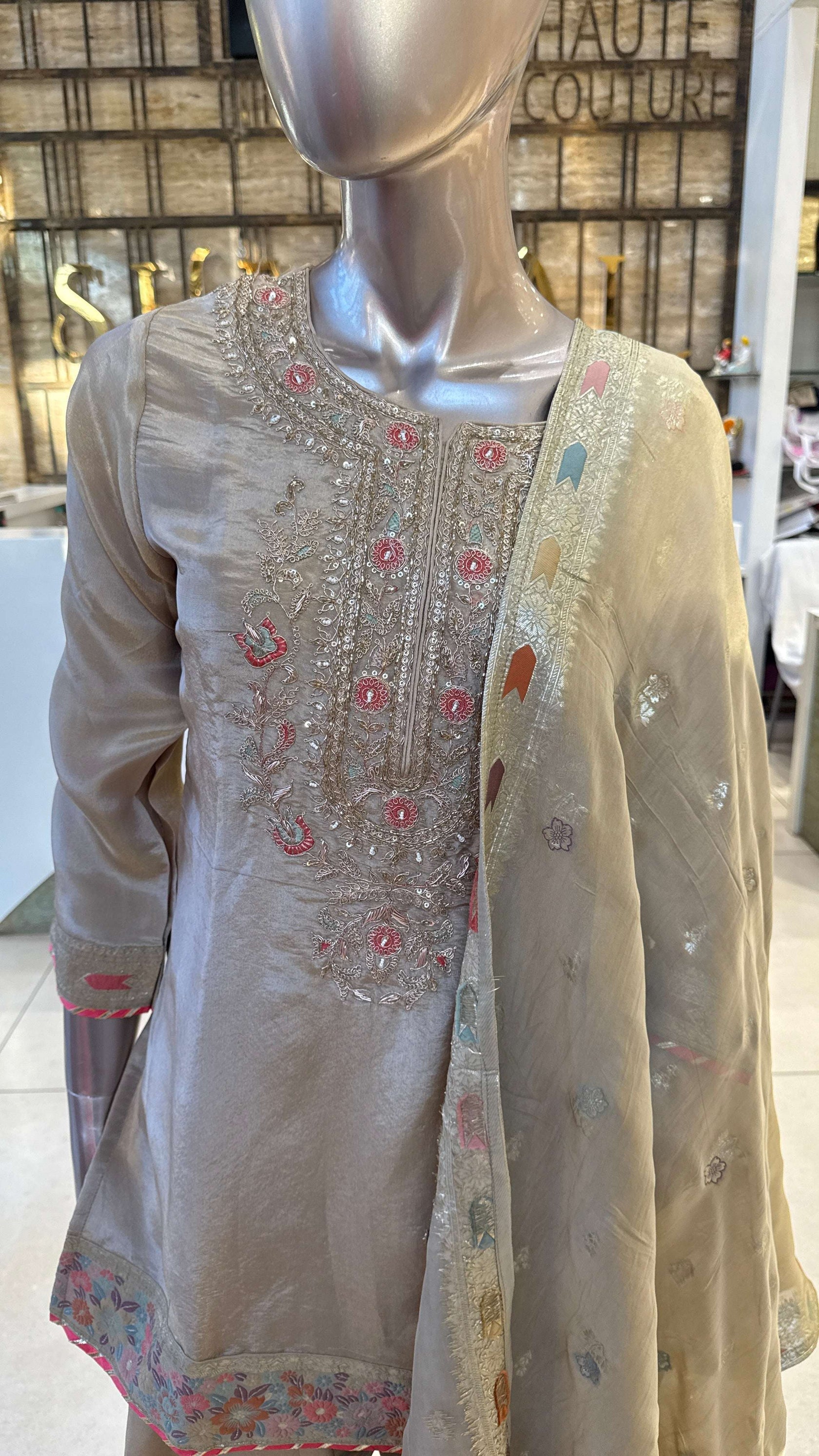 Beige Silver Pink Embroidered Kurta Pant Dupatta Set for Women